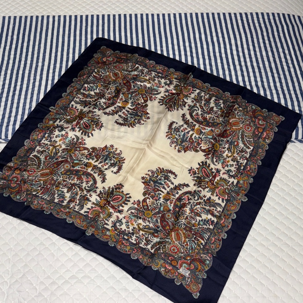Vintage Liberty of London Silk
Scarf England 25 "x 26"
Peach /Navy Paisley